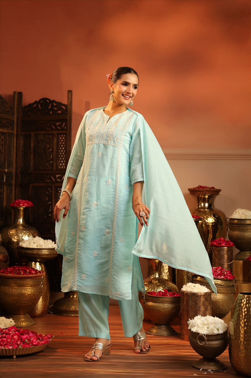 Aqua Blue Silk Embroidery Suit