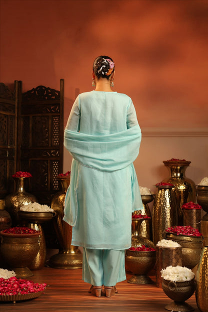 Aqua Blue Silk Embroidery Suit