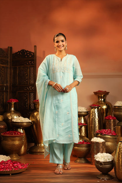 Aqua Blue Silk Embroidery Suit