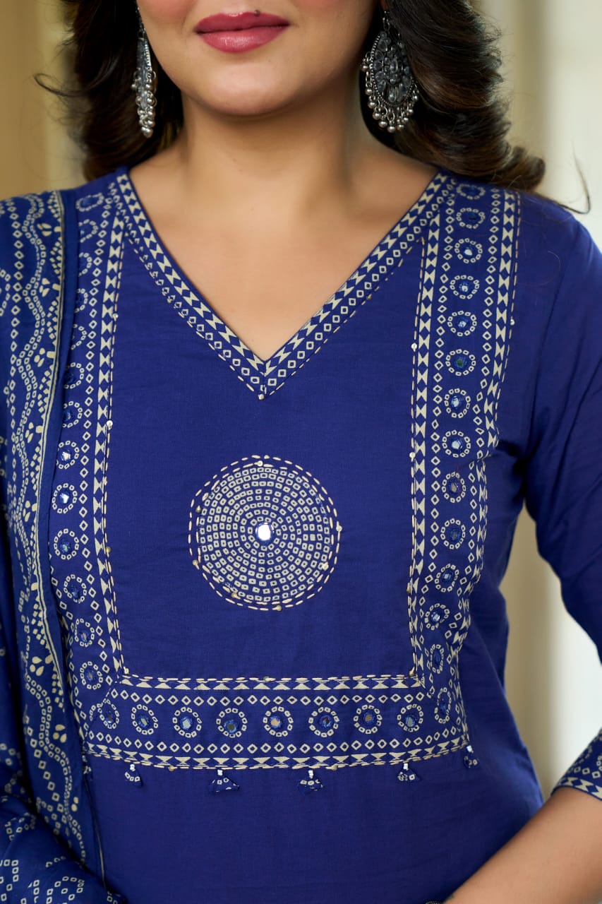 Blue Mandala Yoke Cotton Dupatta Set