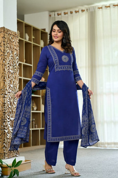 Blue Mandala Yoke Cotton Dupatta Set
