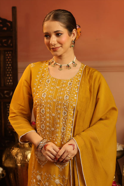 Mustard Silk Festive Embroidery Suit