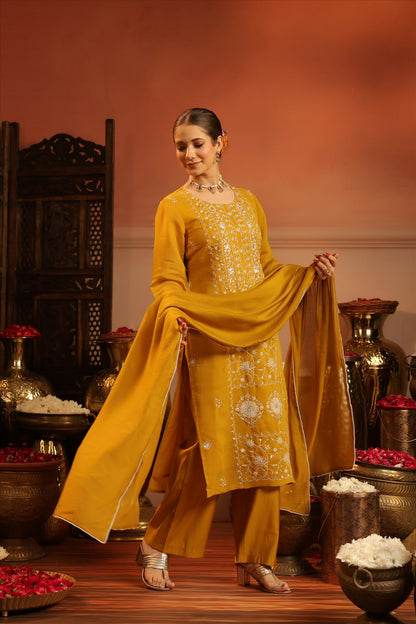Mustard Silk Festive Embroidery Suit
