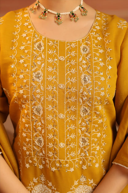 Mustard Silk Festive Embroidery Suit