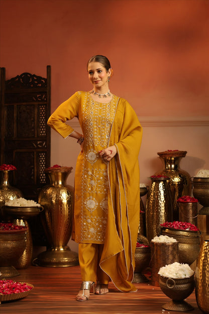 Mustard Silk Festive Embroidery Suit