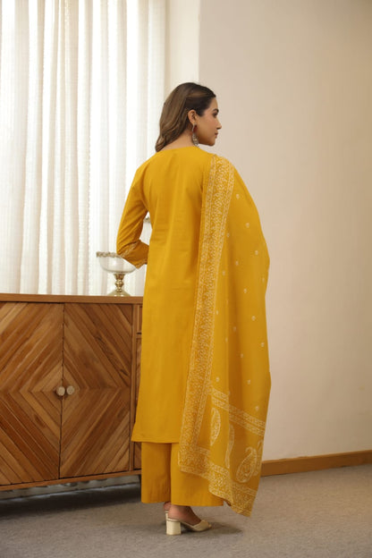 Yellow Paisley Cotton Dupatta Set
