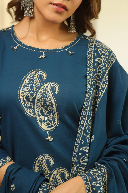 Blue Paisley Cotton Dupatta Set