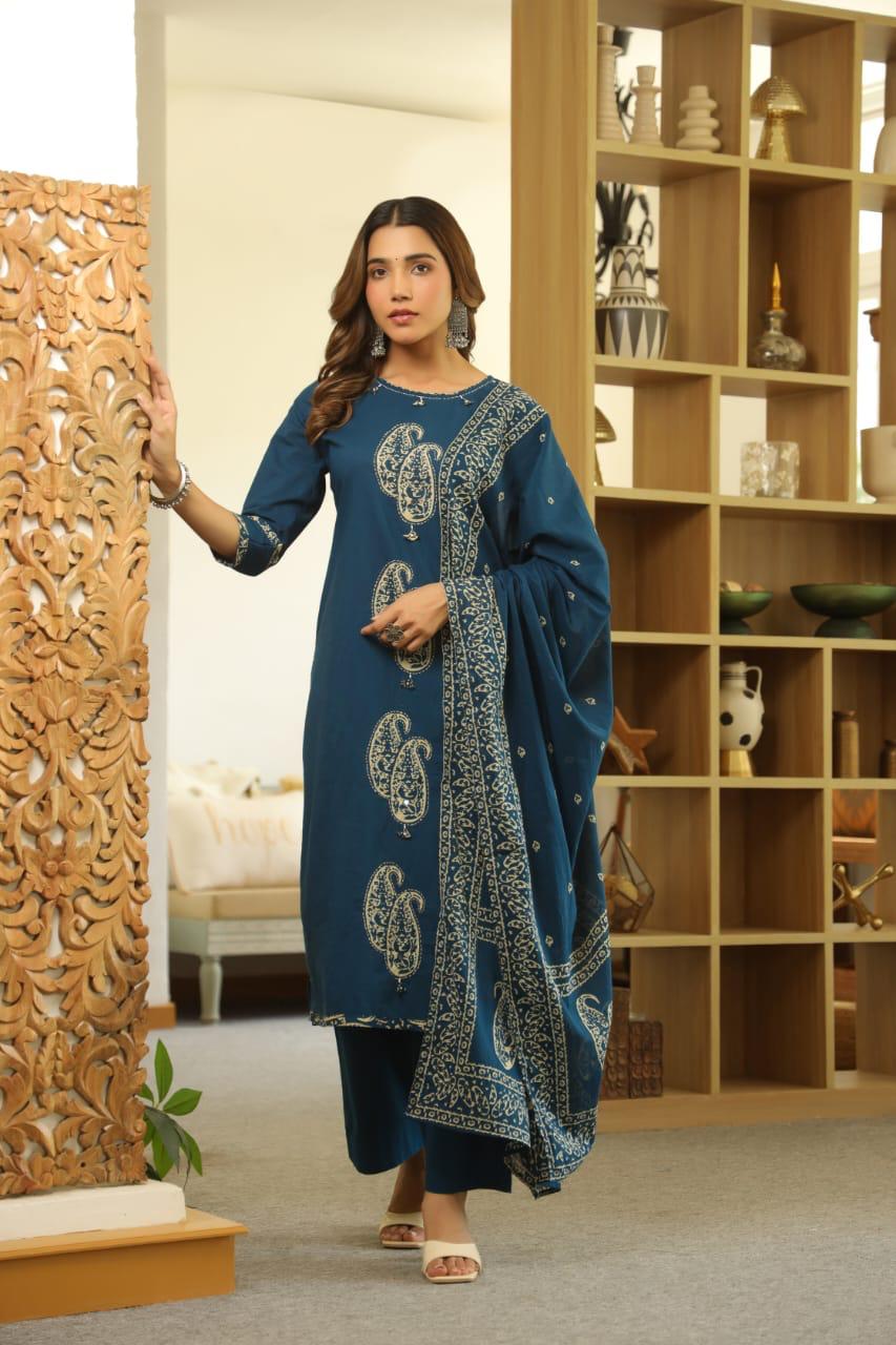 Blue Paisley Cotton Dupatta Set