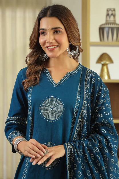 Teal Blue Mandala Matrix Cotton Dupatta Set