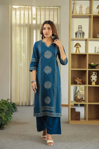 Teal Blue Mandala Matrix Cotton Dupatta Set