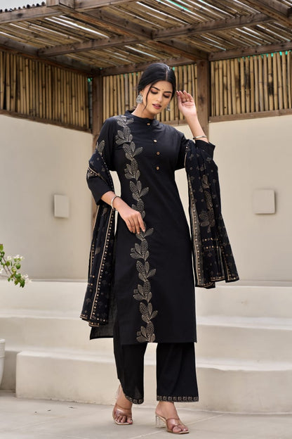 Black Flora Embroidery Cotton Dupatta Set