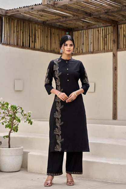 Black Flora Embroidery Cotton Dupatta Set
