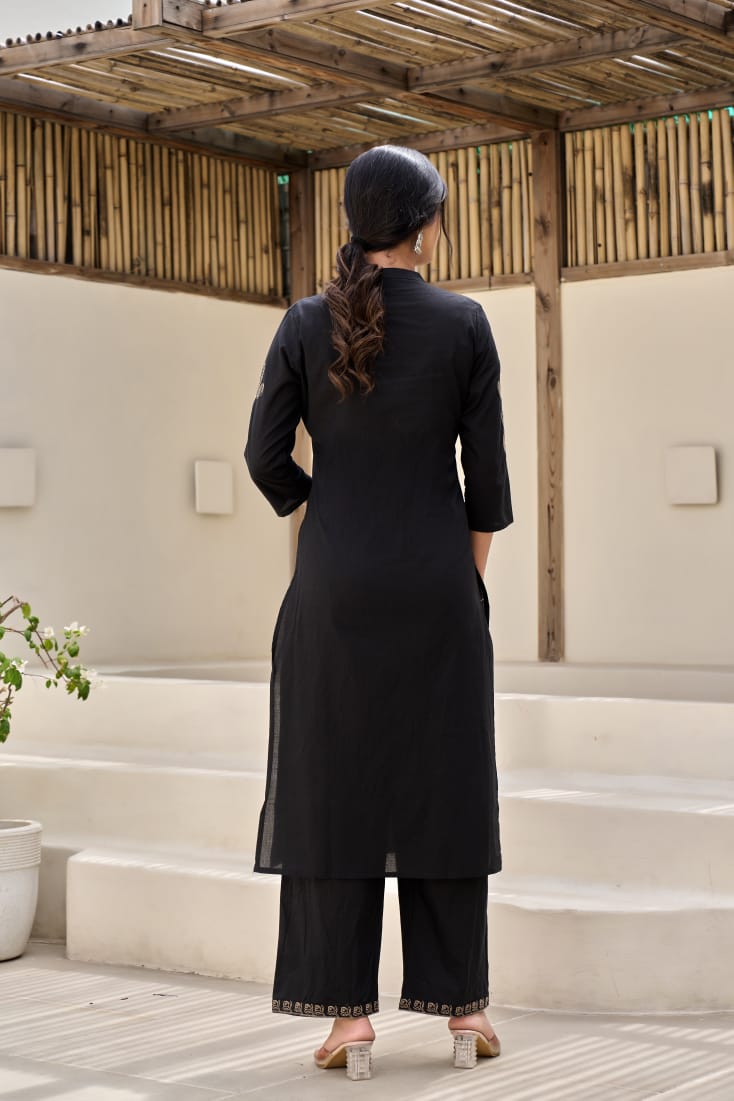 Black Flora Embroidery Cotton Dupatta Set