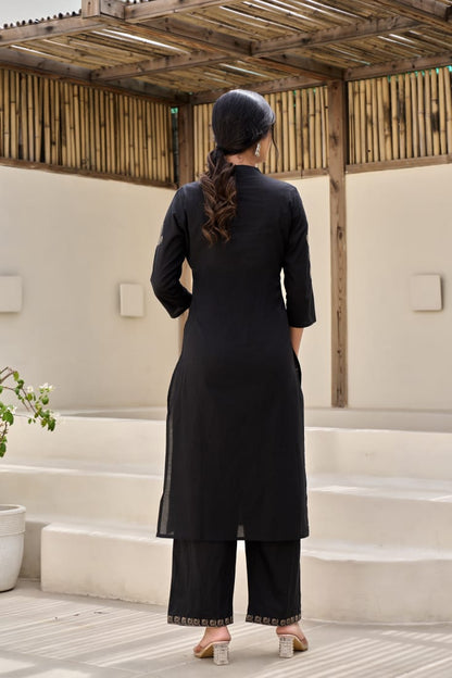 Black Flora Embroidery Cotton Dupatta Set