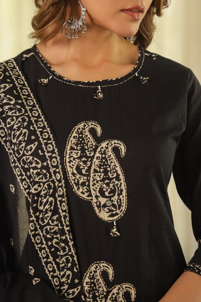 Black Paisley Cotton Dupatta Set