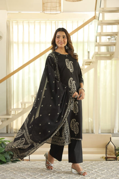 Black Paisley Cotton Dupatta Set