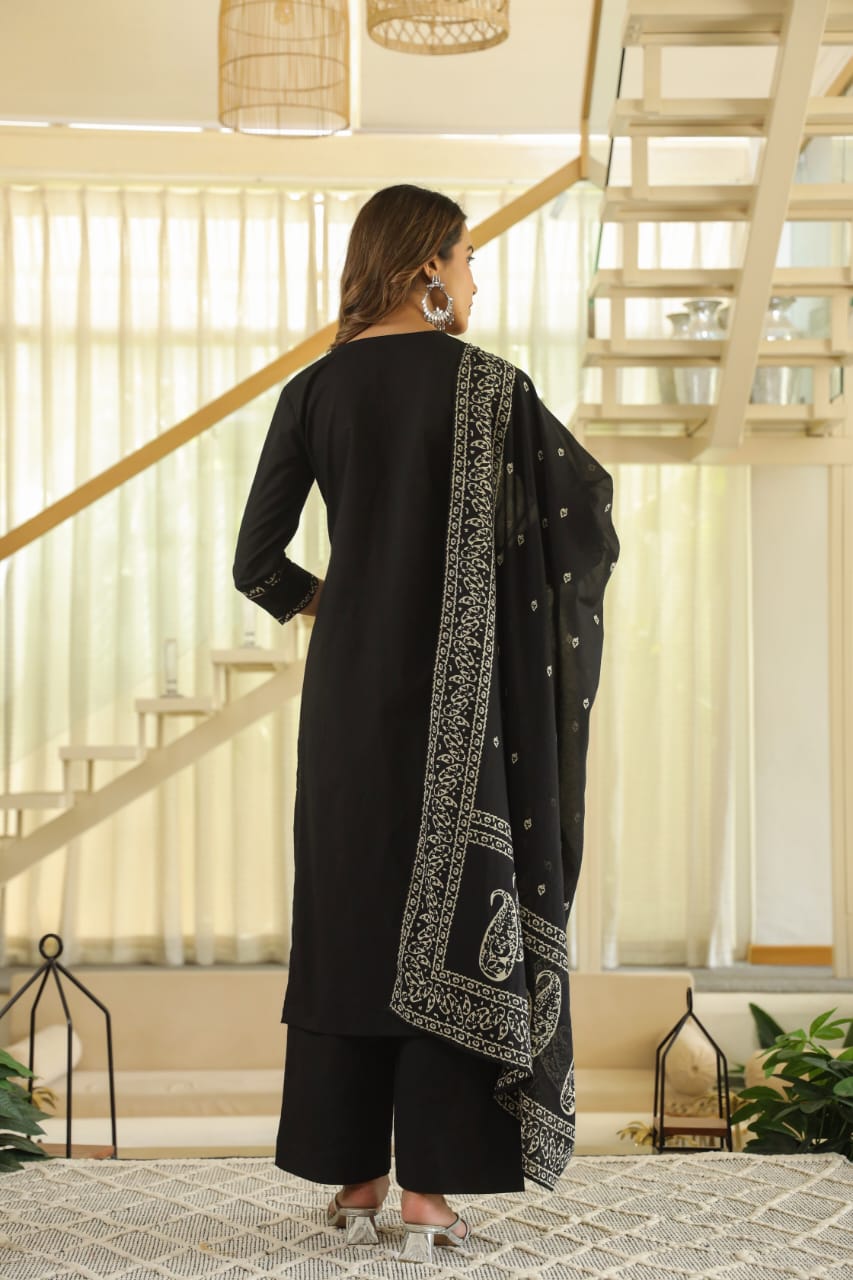 Black Paisley Cotton Dupatta Set