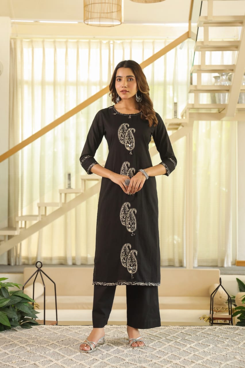 Black Paisley Cotton Dupatta Set