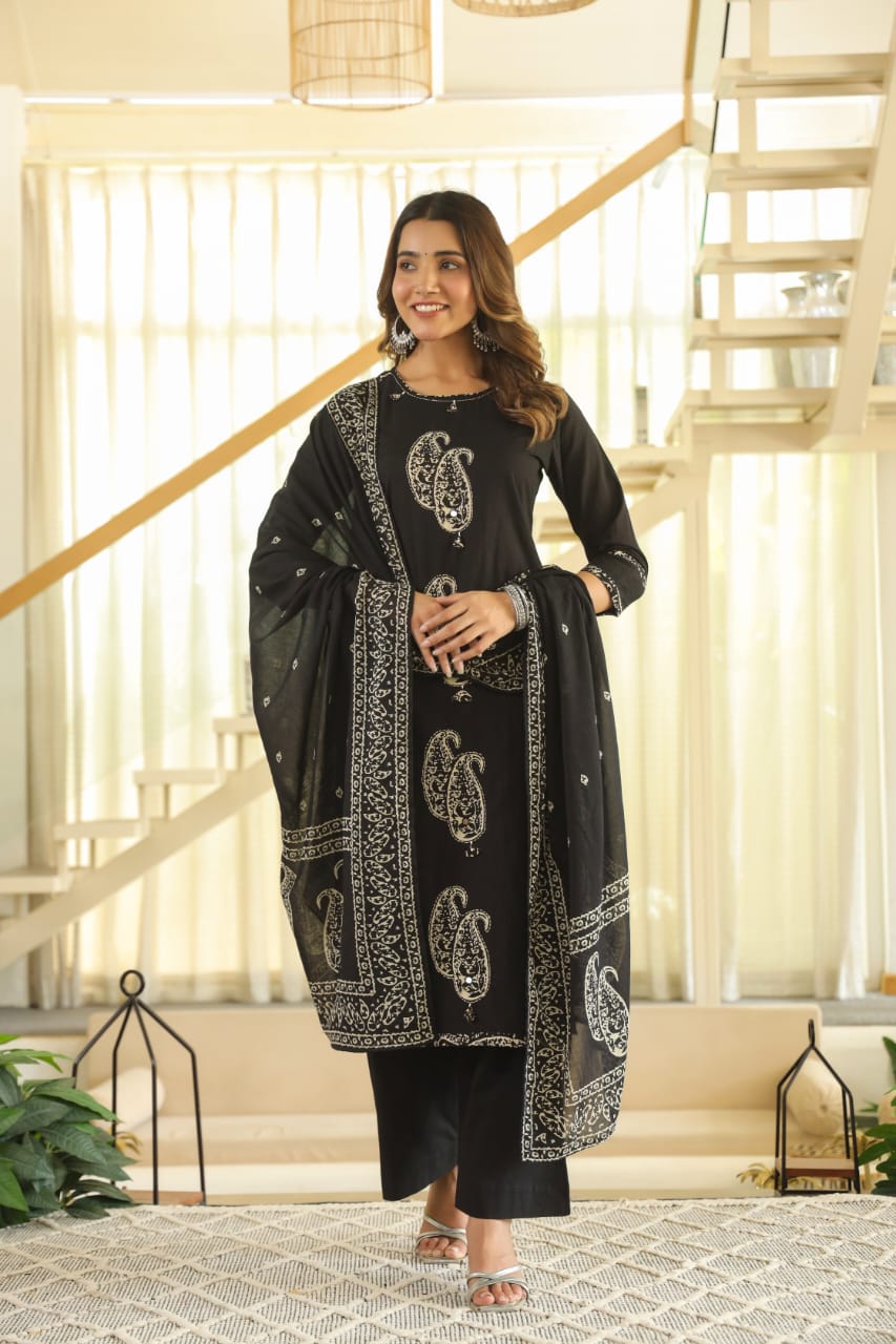 Black Paisley Cotton Dupatta Set