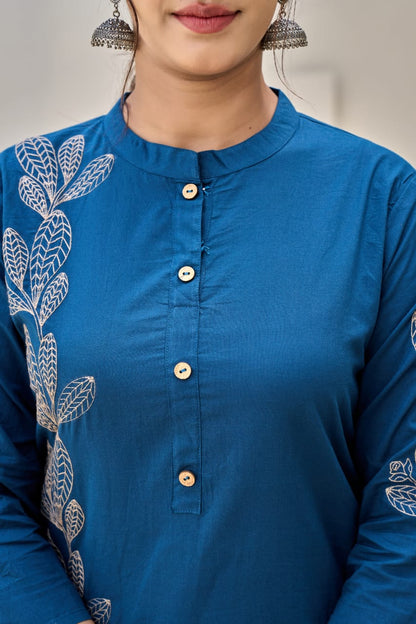 Blue Flora Embroidery Cotton Dupatta Set
