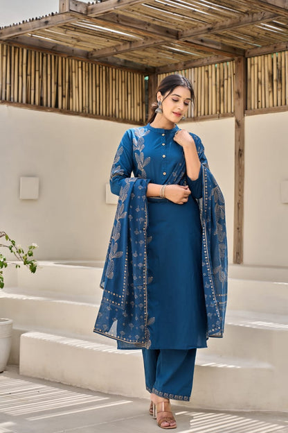 Blue Flora Embroidery Cotton Dupatta Set