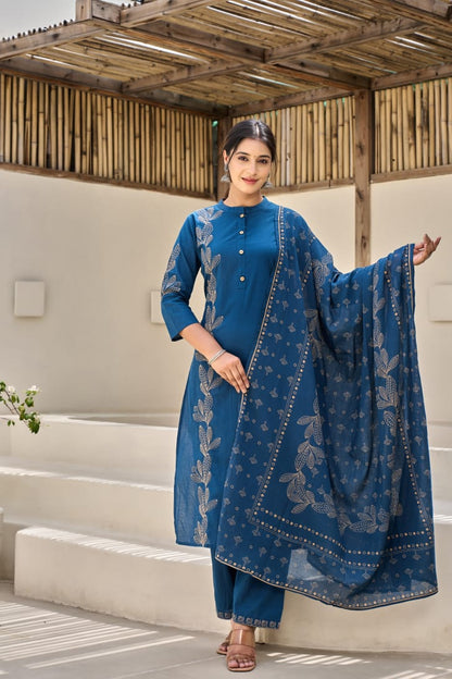 Blue Flora Embroidery Cotton Dupatta Set