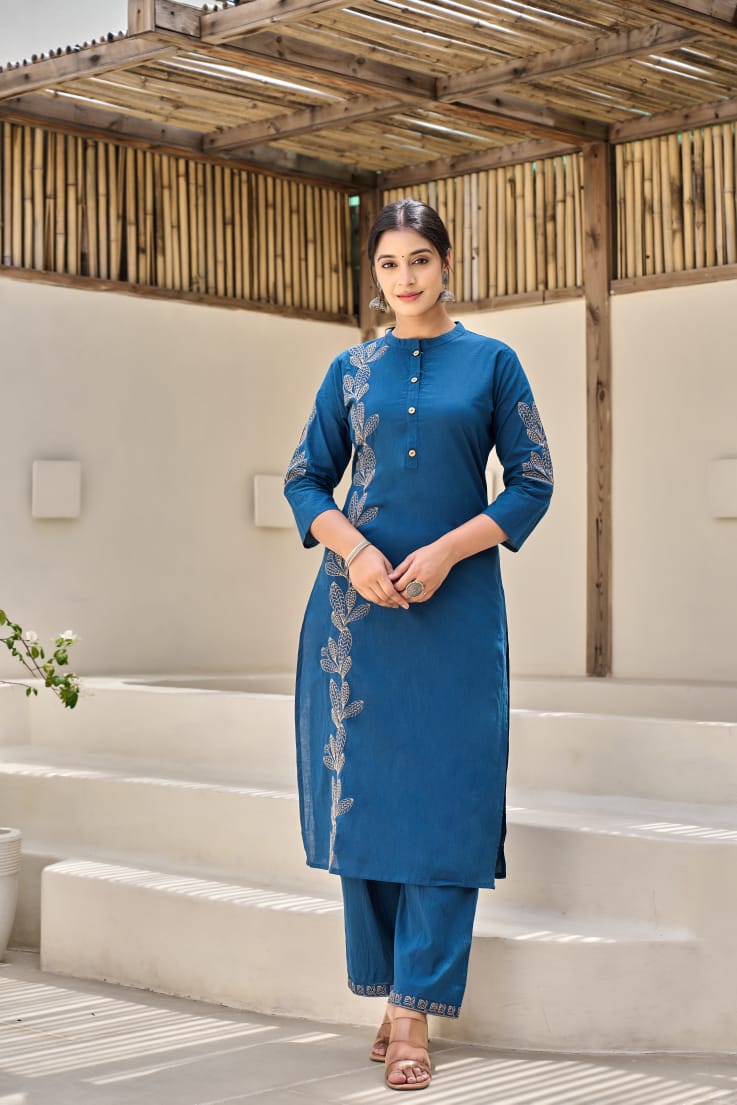 Blue Flora Embroidery Cotton Dupatta Set