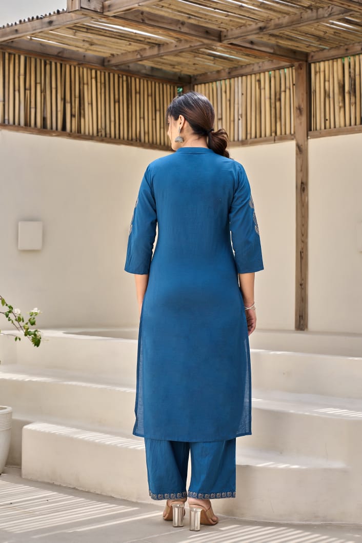 Blue Flora Embroidery Cotton Dupatta Set