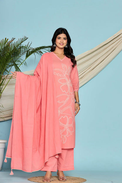 Pink Flower Embroidery Cotton Dupatta Set