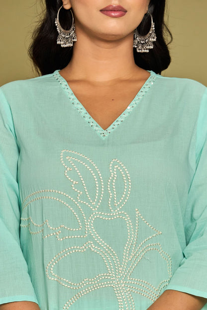 Mint Flower Embroidery Cotton Dupatta Set
