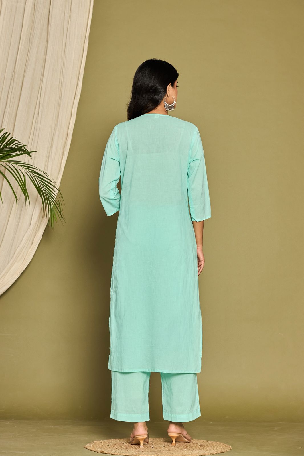 Mint Flower Embroidery Cotton Dupatta Set
