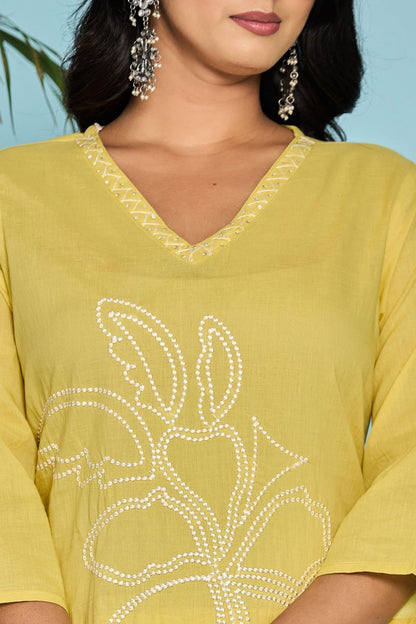 Yellow Flower Embroidery Cotton Dupatta Set