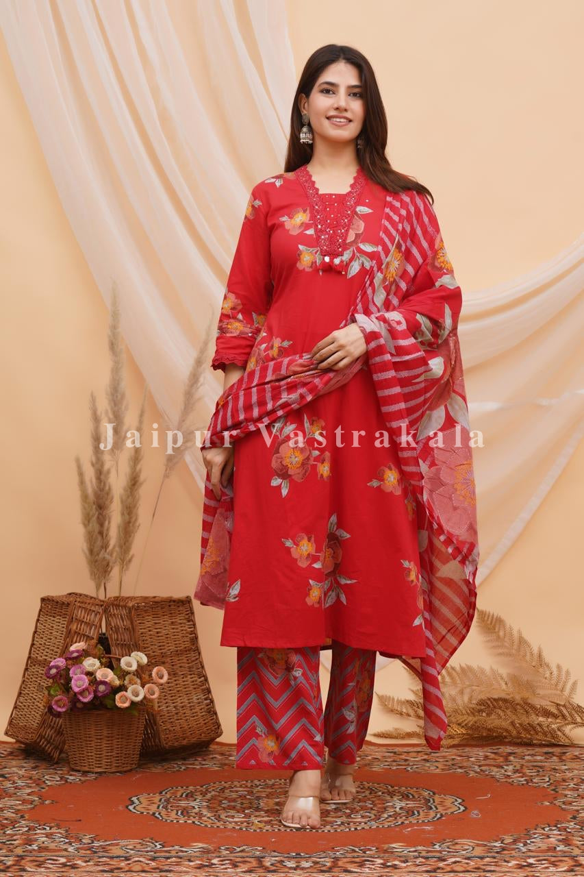 Red Bahaar Cotton Dupatta Set