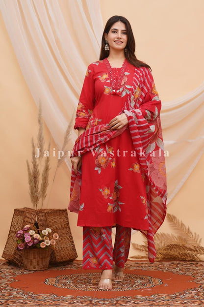 Red Bahaar Cotton Dupatta Set