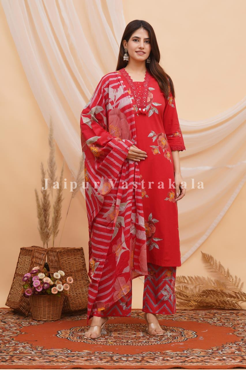Red Bahaar Cotton Dupatta Set