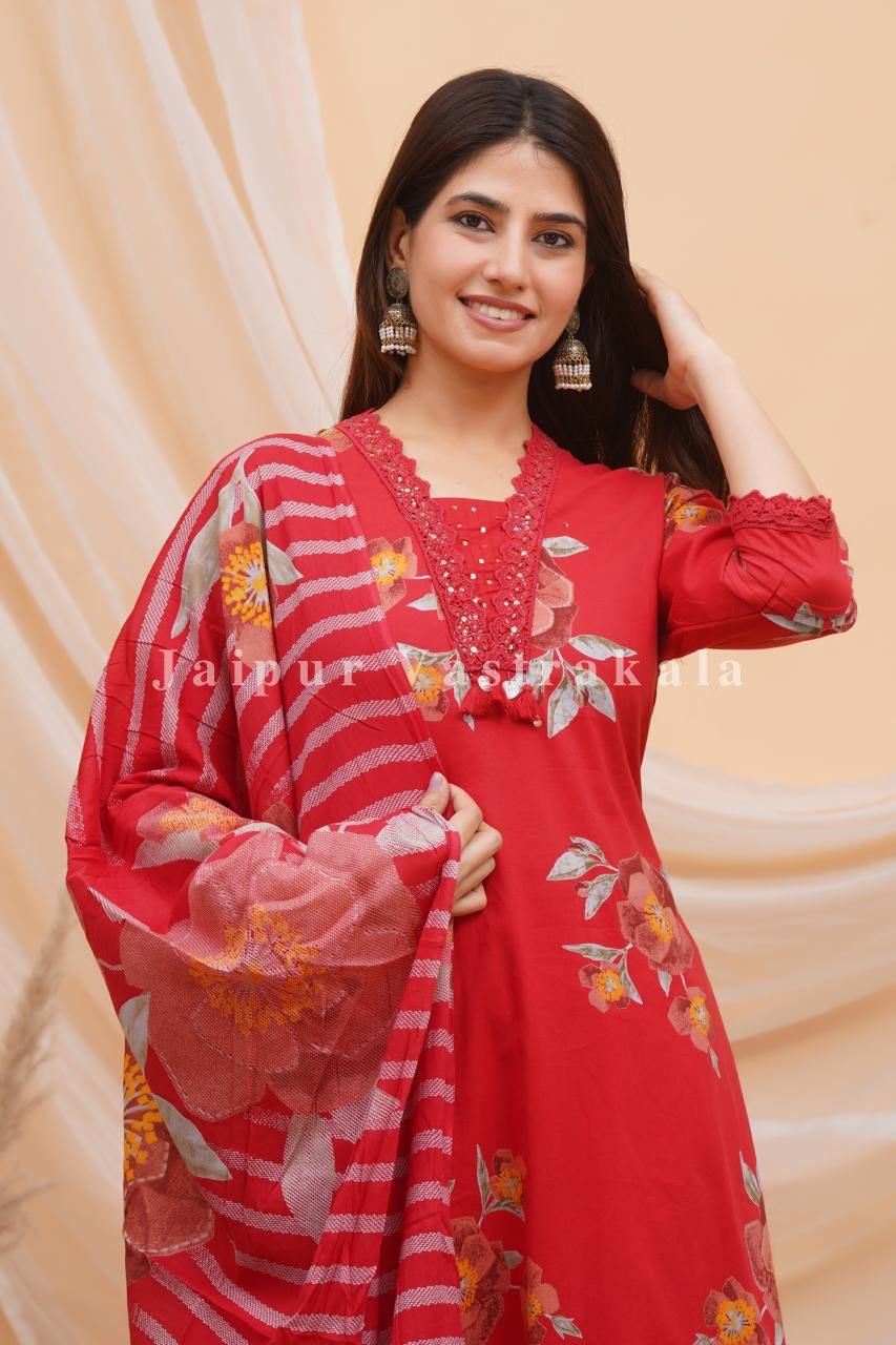 Red Bahaar Cotton Dupatta Set