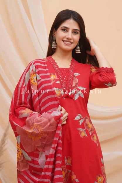 Red Bahaar Cotton Dupatta Set