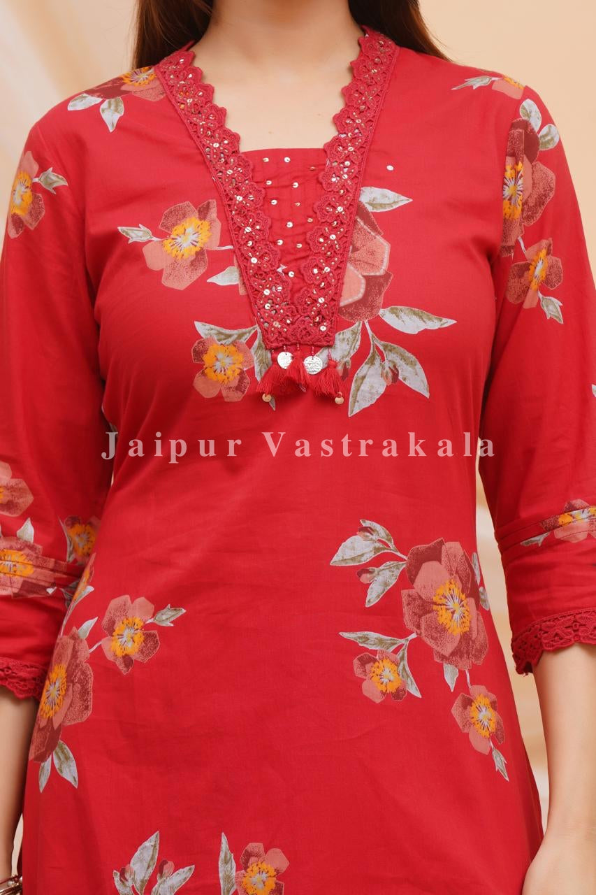 Red Bahaar Cotton Dupatta Set