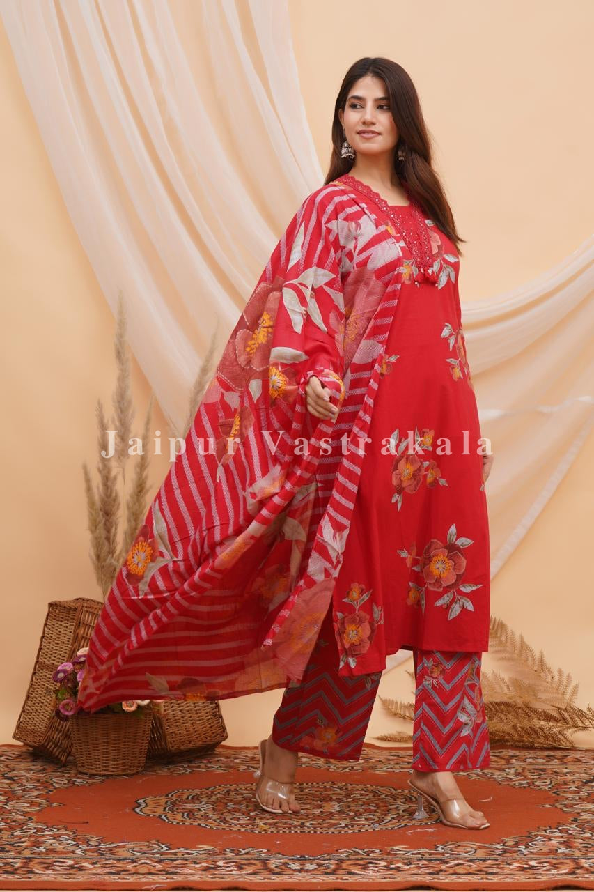Red Bahaar Cotton Dupatta Set