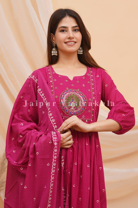 Pink Peacock Shimmer Embroidery Anarkali Suit