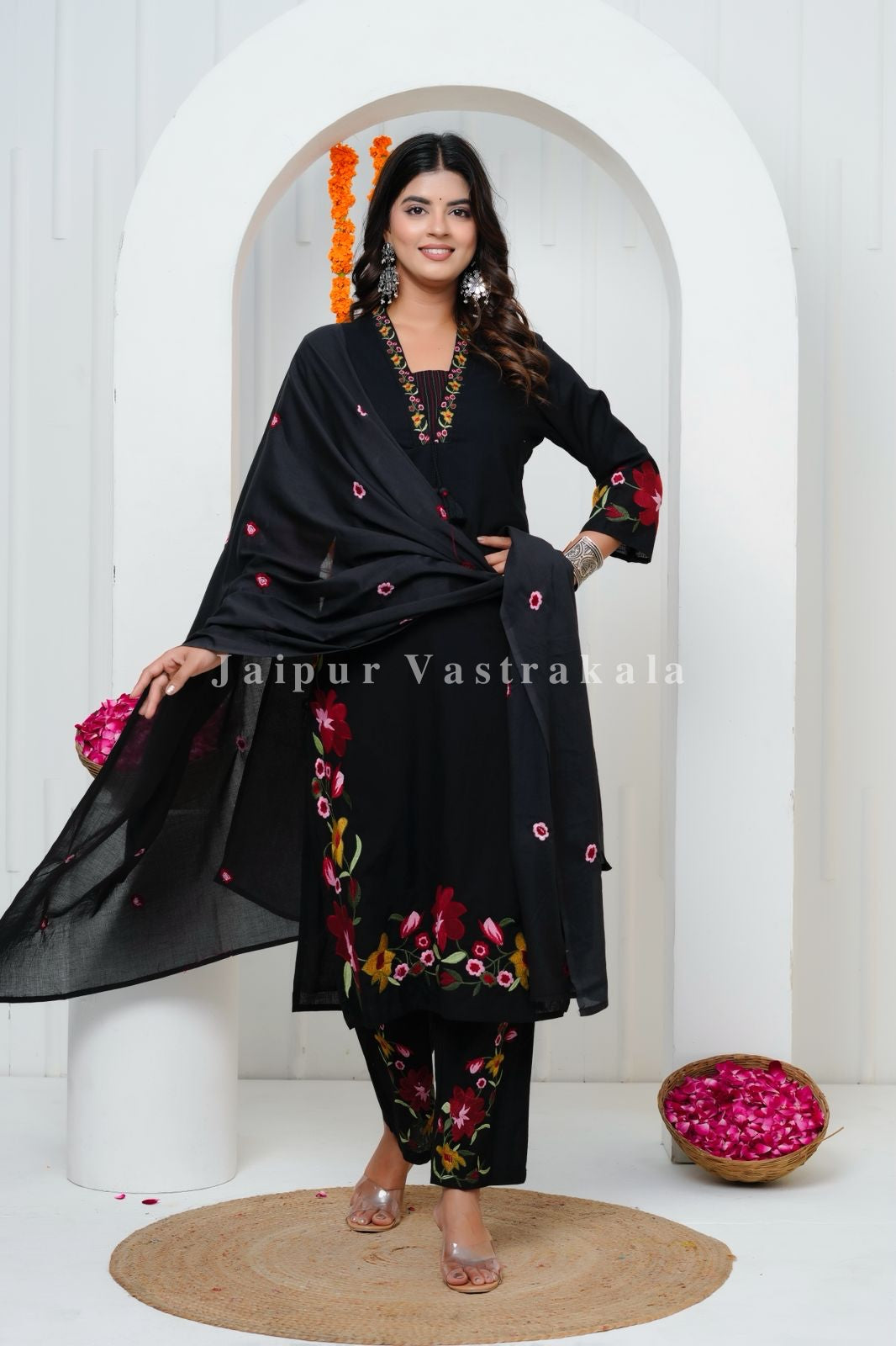 Black Floral Embroidery Cotton Dupatta Set