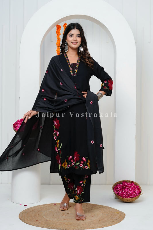 Black Floral Embroidery Cotton Dupatta Set