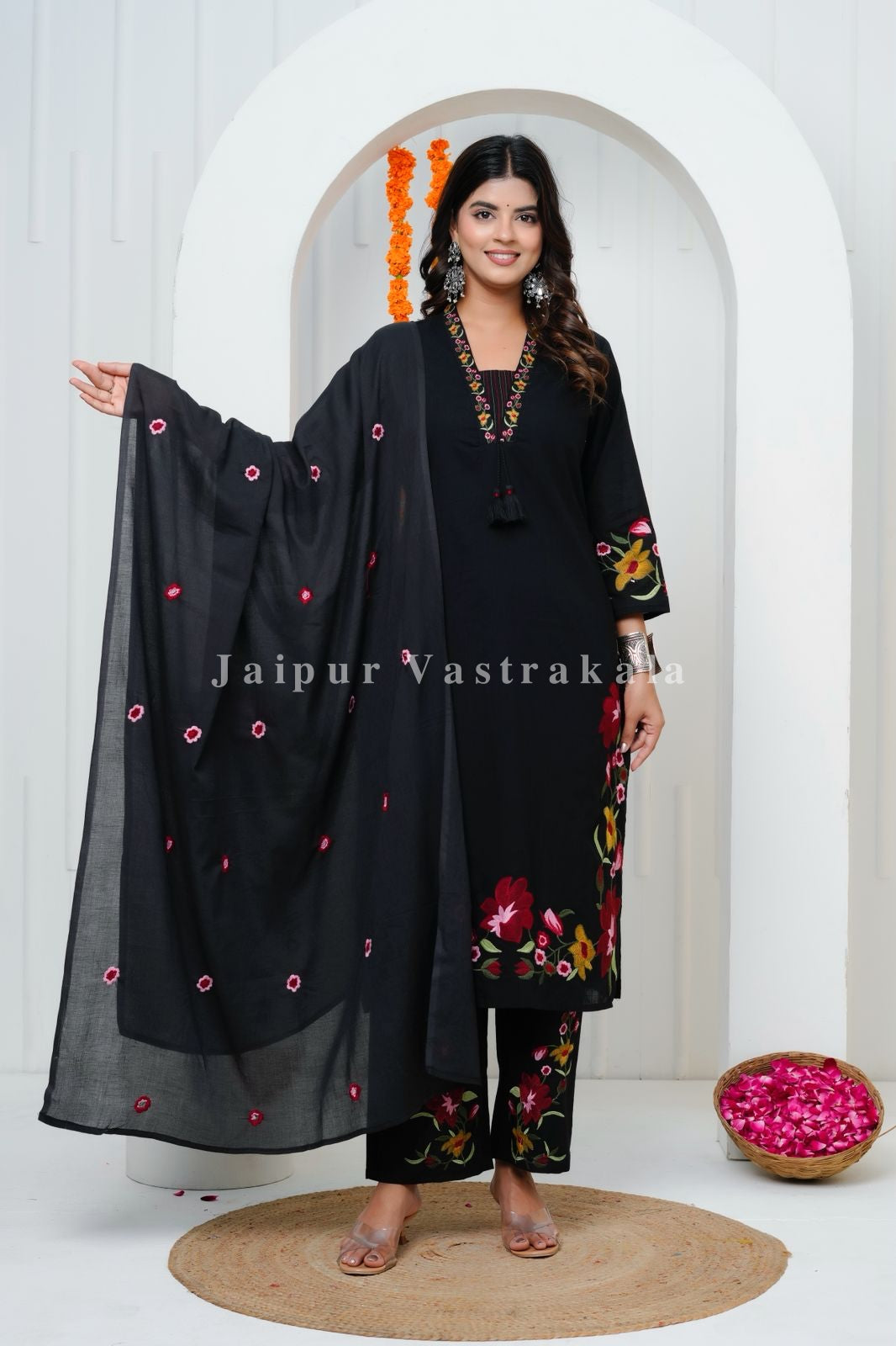 Black Floral Embroidery Cotton Dupatta Set