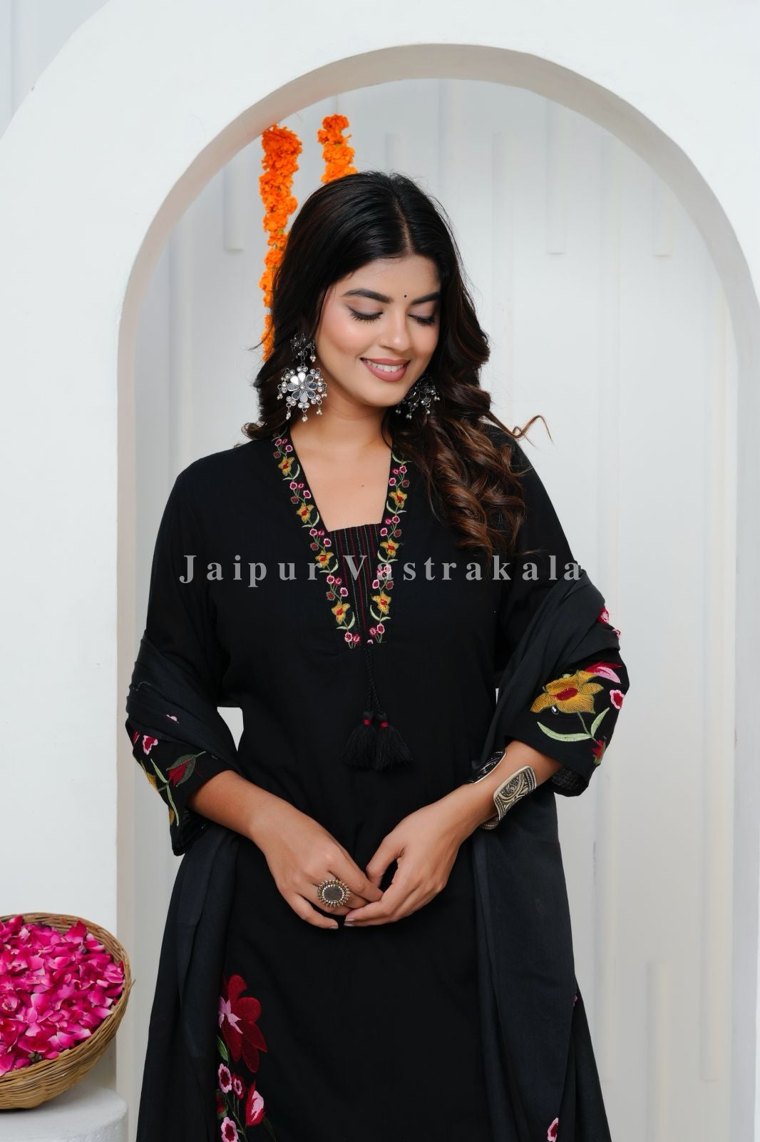 Black Floral Embroidery Cotton Dupatta Set