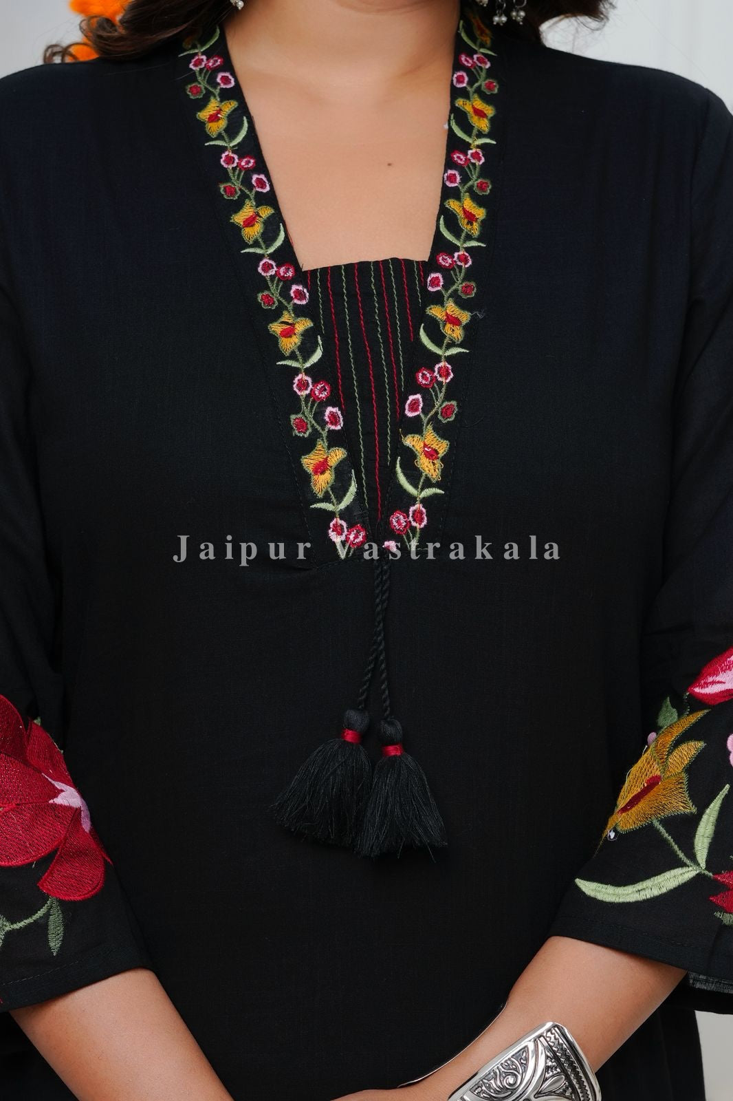 Black Floral Embroidery Cotton Dupatta Set
