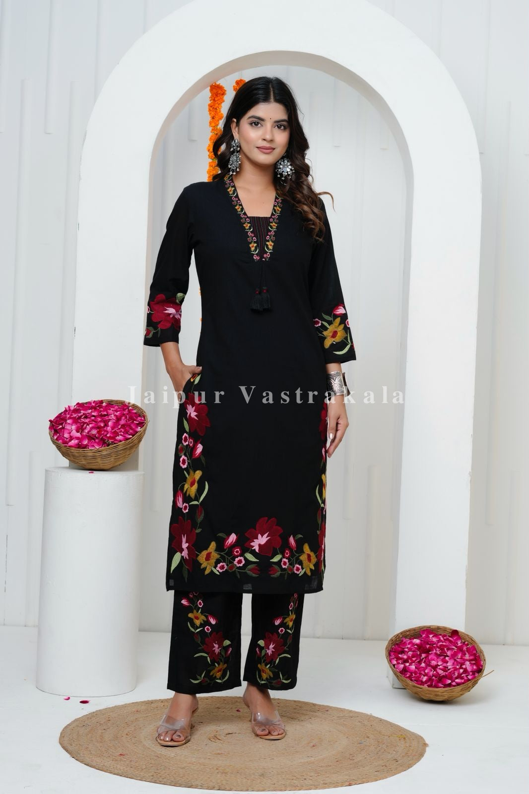 Black Floral Embroidery Cotton Dupatta Set