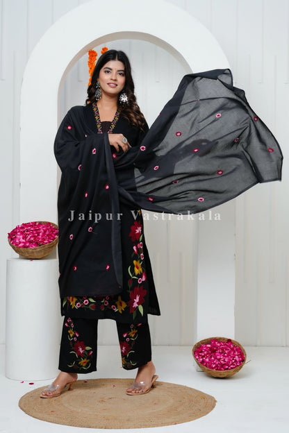Black Floral Embroidery Cotton Dupatta Set
