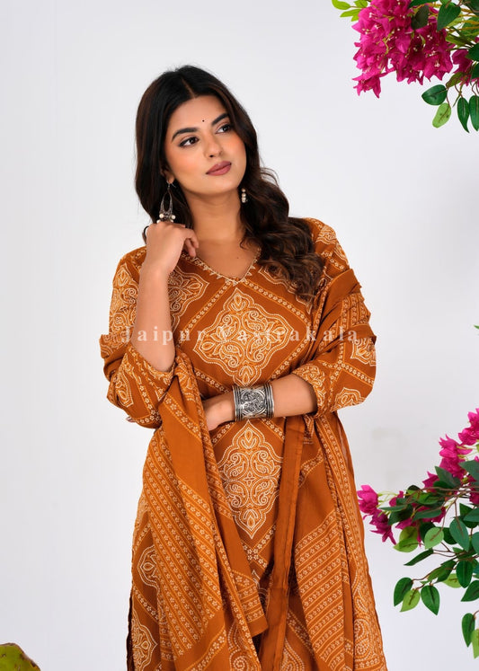 Mustard Bandhej Fusion Cotton Dupatta Set