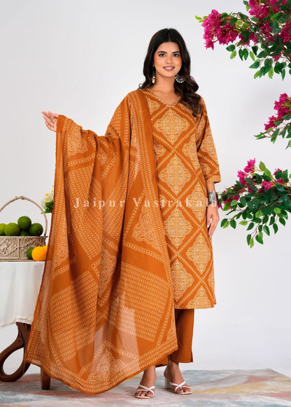 Mustard Bandhej Fusion Cotton Dupatta Set