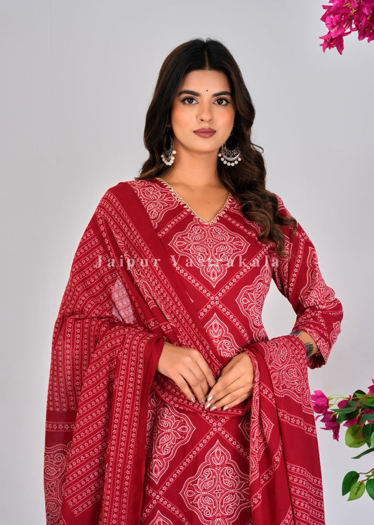 Red Bandhej Fusion Cotton Dupatta Set